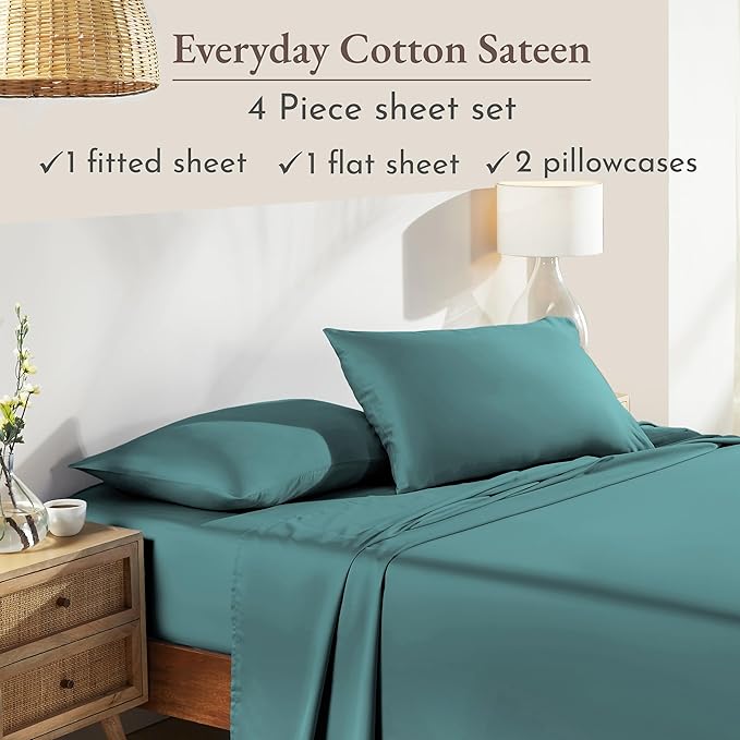 California Design Den Natural 100% Cotton Sheets Queen Size Bed - Soft Sateen Weave, Deep Pockets, Breathable and Durable Bedding Queen Size Teal (Deep Tone)