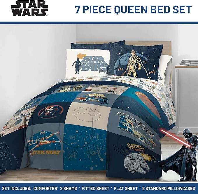 Jay Franco Kids Comforter Set Includes Sheets and Pillow Covers - Soft and Cozy Bed Set for Stylish Room Decor, Blue - Star Wars 01, 7 Piece Queen Bedding