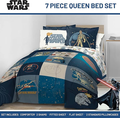 Jay Franco Kids Comforter Set Includes Sheets and Pillow Covers - Soft and Cozy Bed Set for Stylish Room Decor, Blue - Star Wars 01, 7 Piece Queen Bedding