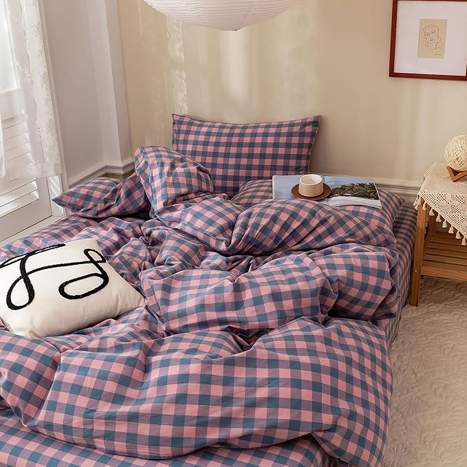 EAVD Modern Purple Pink Plaid Duvet Cover Twin Soft Cotton Reversible Grid Plaid Bedding Set with 2 Pillowcases Simple Geometric Duvet Cover with Zipper Closure