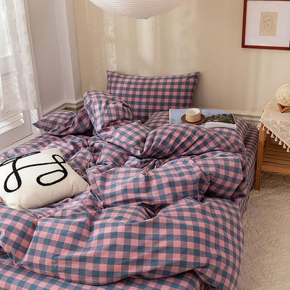 EAVD Gingham Comforter Set Full Purple Pink Grid Plaid Comforter Set Soft Fluffy Grid Checkered Pattern Bedding Set with 2 Pillowcases Modern Farmhouse Gingham Bedding Set for All-Season