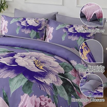 Dobuyly Floral Comforter Set King Size 7 Piece Bed in a Bag, Purple Pink Flower Comforter Set with Sheets, Soft Microfiber Botanical Flower Bedding Set for All Season