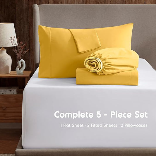Nestl Split King Sheet Set - 1800 Ultra-Soft Microfiber Bed Sheets - Double Brushed - Deep Pockets - Easy Fit - 5 Piece Set - Bed Sheets & Pillowcases (Split King Size, Yellow)