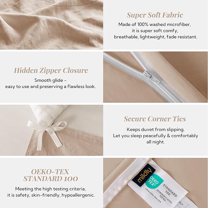 MILDLY Super Soft Duvet Cover - 100% Microfiber Polyester Rugby Tan Comforter Cover Set 3 Pieces with Zipper Closure & Corner Ties (No Comforter)