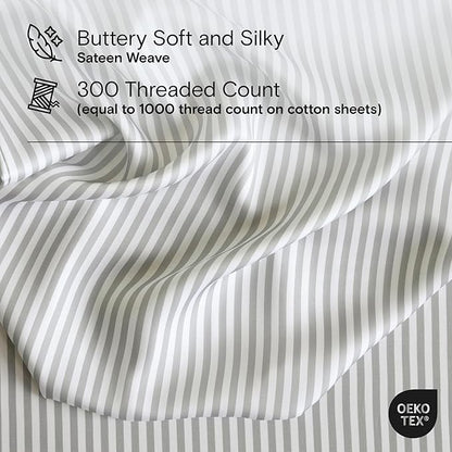 DOZ Sheet Set, 100% Viscose derived from Bamboo, Organically Grown, Buttery Soft, Cooling Sheets, High GSM, Deep Pockets - 4 Piece - 2 Pillowcases 1 Fitted Sheet 1 Top Sheet (Stripe, King)