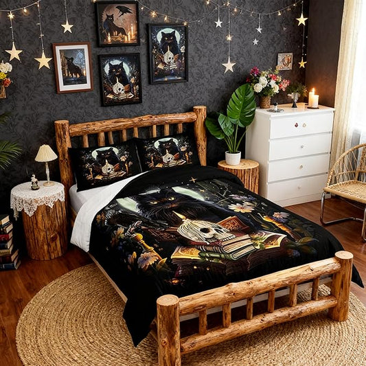 Kids Cat Bedding Set,Sugar Skull Crow and Daisy Flower Garden Comforter Set for Teens Girls Boys Adult Bedroom Decor,Black Pet Cat Plants Quilt Set Moon Night Stars Print Duvet Insert 2Pcs