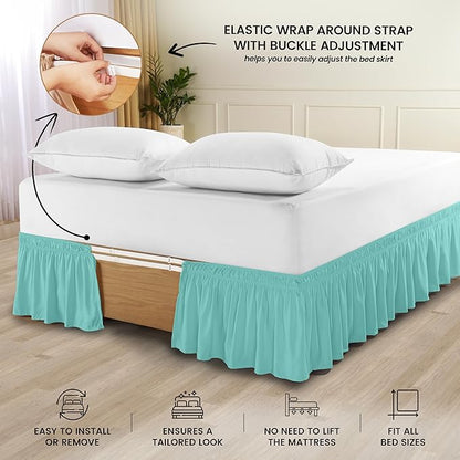 Wrap Around Ruffle Queen Size Bed Skirt – Adjustable Buckle & Elastic Belt for Easy Installation, 16 Inch Drop – Brushed Microfiber - Machine Washable, Fade and Wrinkle Resistant, Spa Blue