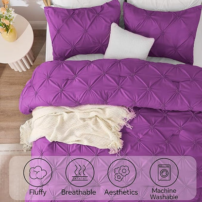 BEDELITE Purple Queen Comforter Set - 3 Pieces Boho Pintuck Bedding Comforter Sets, Lightweight Soft & Warm Bed Comforter Queen with 2 Pillowcases for All Season