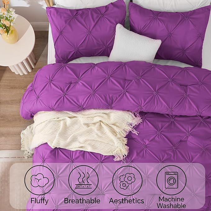 BEDELITE Purple Twin Comforter Set - 2 Peices Boho Pintuck Bedding Comforter Sets, Lightweight Soft & Warm Twin Bedding Sets with 1 Pillowcase for All Season