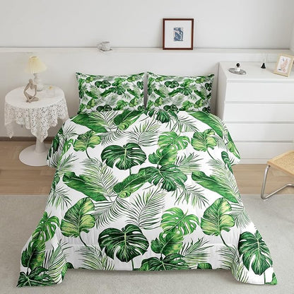 Erosebridal Palm & Monstera Leaves Comforter, Full Size - Lightweight Green & White Hawaiian Bedding Set with 2 Pillow Cases