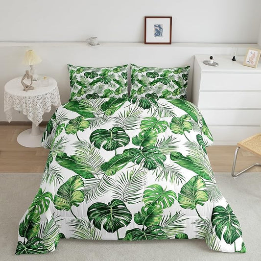 Erosebridal Palm & Monstera Leaves Comforter, Full Size - Lightweight Green & White Hawaiian Bedding Set with 2 Pillow Cases