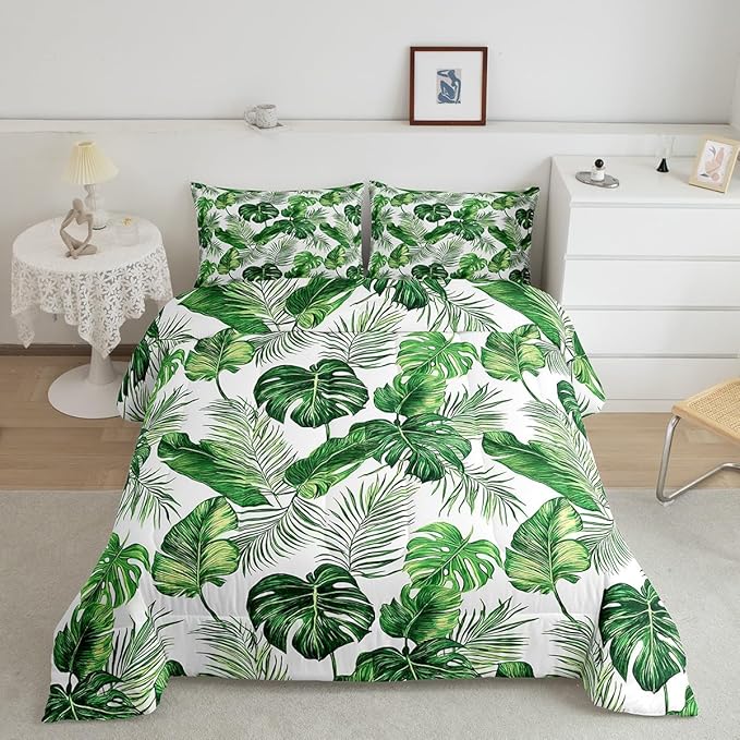 Erosebridal Palm Leaves Comforter Set Hawaiian Bedding Set Monstera Banana Leaves Down Comforter King Size Summer Tropical Leaves Quilt Set Green White Lightweight 3Pcs Bedroom Decor