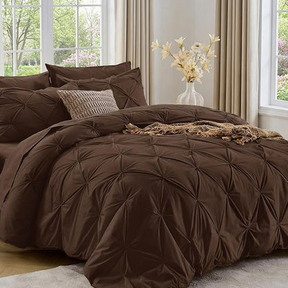 Sasttie Twin Comforter Set, 5-Piece Bed in a Bag, Pintuck Bedding Sets for All Season, Includes Comforter, Flat Sheet, Fitted Sheet, Pillowcase and Pillowsham, Dark Brown
