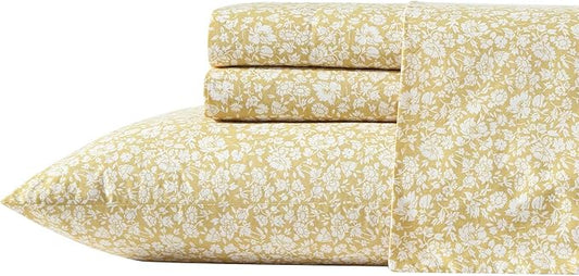 Laura Ashley - Full Sheets, Cotton Percale Bedding Set, Lightweight & Breathable Home Decor, Oeko-Tex Certified (Heirloom Ditzy Gold, Full)