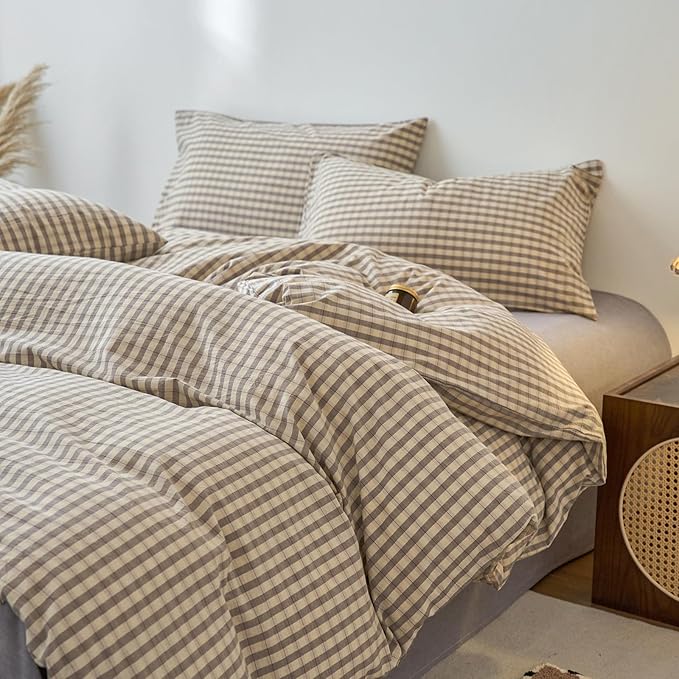 Gingham Duvet Cover King Size Grey Washed Cotton King Comforter Cover Checkered Boho Patterned Vintage Duvet Cover Set with Hidden Zipper Plaid Teen Bedding Set Cute Duvet Protector