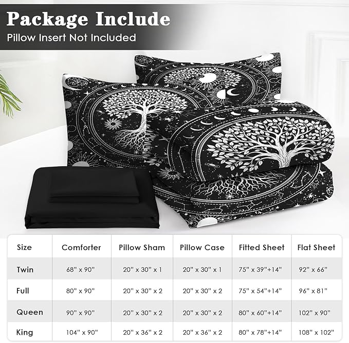 7 Pcs Queen Size Comforter Set with 2 Pillowcases & 2 Shams, Black Gothic Tree of Life Bedding for Kids and Adults, Nature Sun and Moon Bed in a Bag with Flat Fitted Sheet