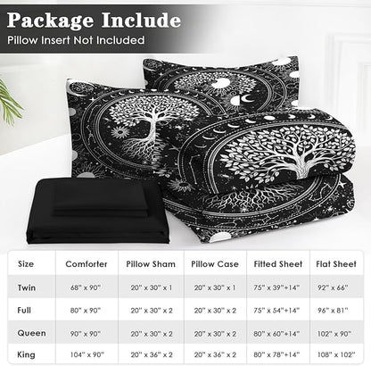 7 Pcs Queen Size Comforter Set with 2 Pillowcases & 2 Shams, Black Gothic Tree of Life Bedding for Kids and Adults, Nature Sun and Moon Bed in a Bag with Flat Fitted Sheet