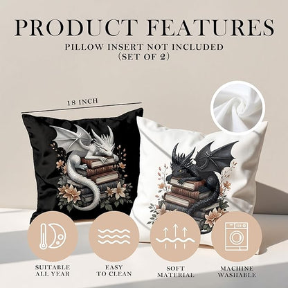 Vintage Magical Black White Dragon Reading Book Decor Throw Pillow Covers 18x18 Set of 2, Fantasy Room Decor for Kids, Gamers, and Bookworms,Reading Nook Decor, Gifts for Bookworm Readers(78)