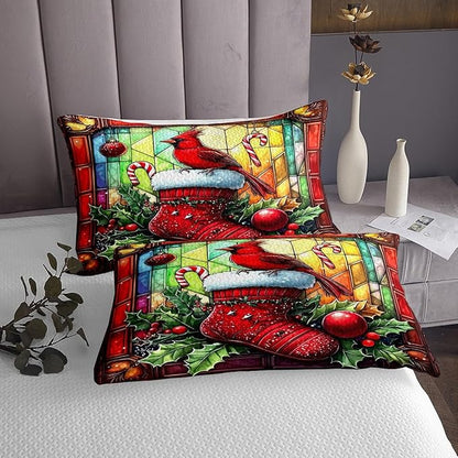 Merry Christmas Kids Bedspread King Size,Redbird Candy Christmas Stocking Happy New Year Coverlet Set,Boys Girls Room Decor,Leaves Geometric Quilted Coverlet,Red Xmas Bedding Quilt,2 Pillowcases