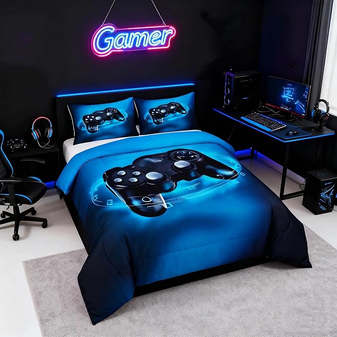 Feelyou Gaming Bedding Set for Boys Gamer Comforter Set for Teens Kids Gamer Room Decor Blue Video Games Comforter Duvet Set King Size Gamepad Quilted All Season 1 Comforter with 2 Pillow Cases