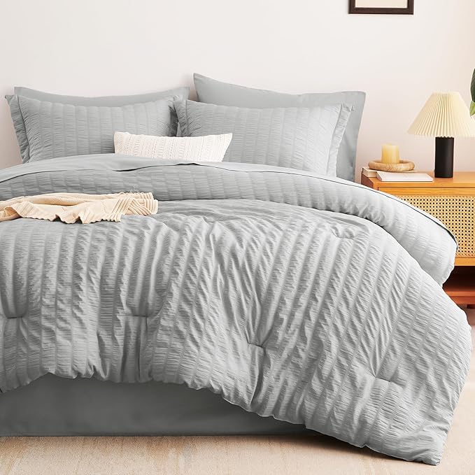 CozyLux Queen Comforter Set Light Grey Seersucker 7 Pieces Bed in a Bag Queen Comforter Set with Sheets, Light Gray Luxury Soft Bedding Set with Down Alternative Comforter, Sheets, Pillowcases & Shams