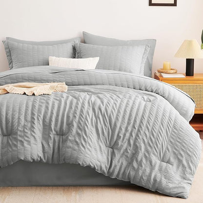 CozyLux Oversized King Comforter Set Light Grey Seersucker 7 Pieces 120x98 Bed in a Bag Comforter Set with Sheets, Light Gray Luxury Bedding Set Down Alternative Comforter, Sheets, Pillowcases & Shams