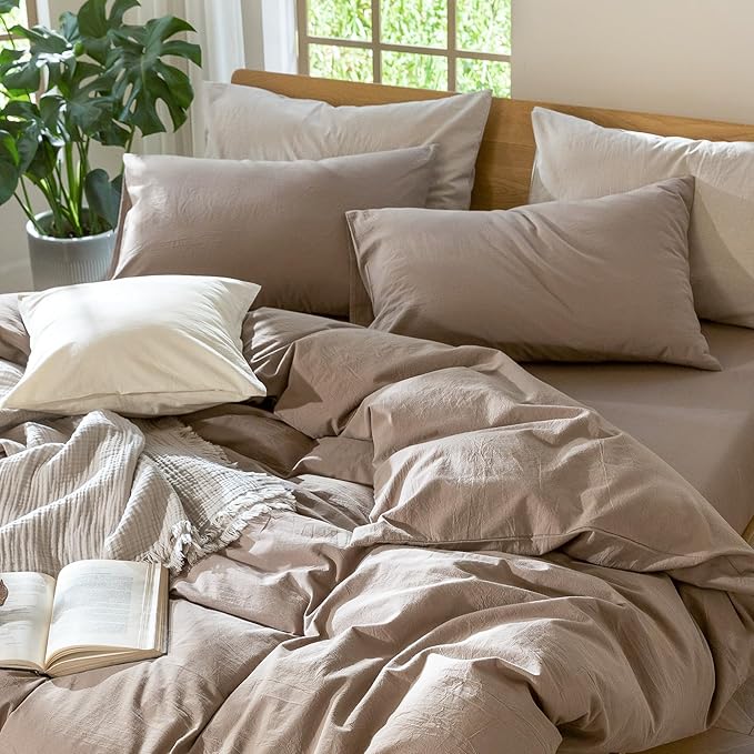 MooMee Bedding Pillowcases Pack of 2 100% Washed Cotton Linen Like Textured Breathable Durable Soft Comfy (Solid Brown, King)
