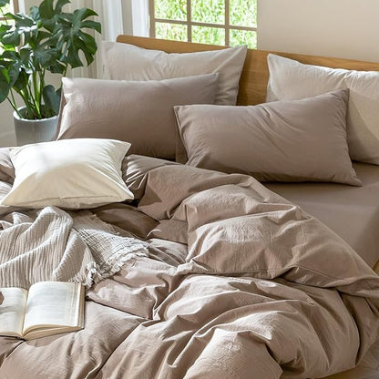 MooMee Bedding Pillowcases Pack of 2 100% Washed Cotton Linen Like Textured Breathable Durable Soft Comfy (Solid Brown, King)