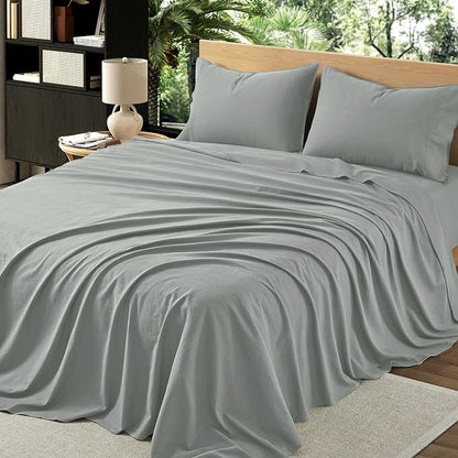 4Pcs Organic Linen Sheets Full Size, 100% French Linen from Normandy, Tear-Resistant Earl Gray Bed Sheets Full Sheet Set with 16 Inch Deep Pocket, 1 Flat Sheet, 1 Fitted Sheet, 2 Pillowcases
