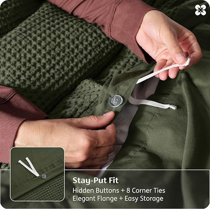 Bedsure Cotton Duvet Cover King Size - 100% Cotton Waffle Weave Olive Green Duvet Cover, PureWoven Textured Breathable Bedding Comforter Cover for All Season, 1 Duvet Cover Only 104"x90"