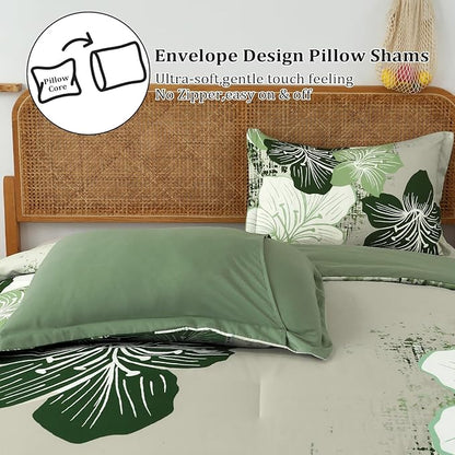 Menghomeus Floral Comforter Set Queen Ombre Green Bedding Lightweight Microfiber Bed Comforter for All Season, 3 Piece Flowers Comforter with 2 Pillowcases