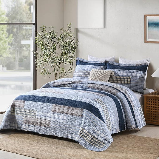PANGUSHAN Quilt Set Queen Size, 100% Cotton Quilt Bedding Set Bedspreads, Patchwork Plaid Farmhouse Reversible Lightweight Comforter Bed Spread for Queen Bed, Blue, 3 Pieces