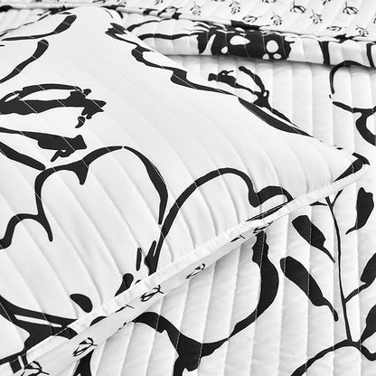 Lush Decor Scandinavian Floral Quilt Queen Size Reversible 3 Piece Set Full/Queen Black & White - Floral Bedding Set Queen Quilt - White Bedding