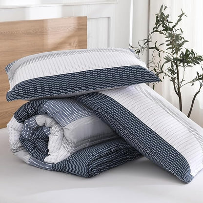 Litanika Oversized King Comforter Set Black Blue 120x120-3 Pieces Lightweight Colorblock Stripe Fluffy Bedding Comforter Sets, All Season Bed Set