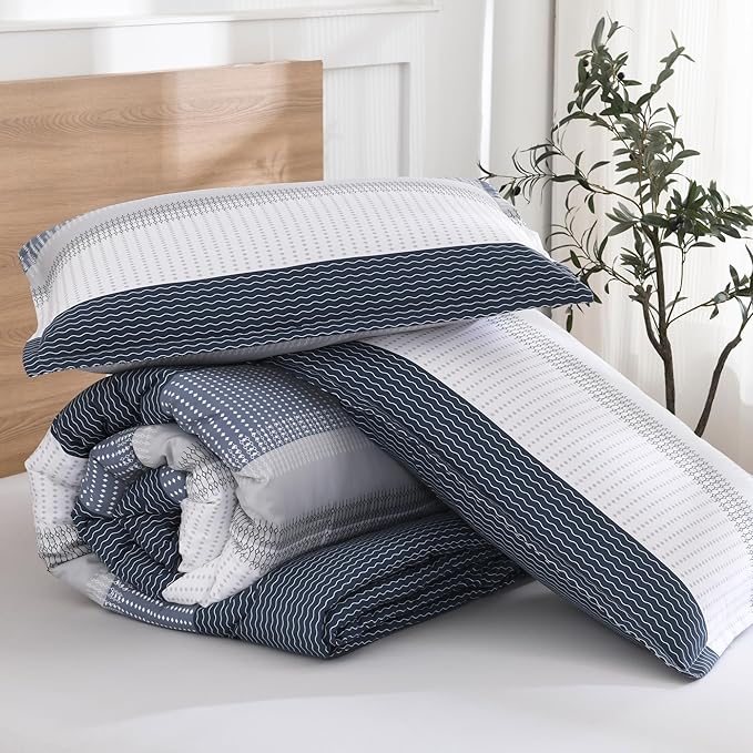 Litanika Oversized Queen Comforter Set Black Blue 98x98-3 Pieces Lightweight Colorblock Stripe Fluffy Bedding Comforter Sets, All Season Bed Set