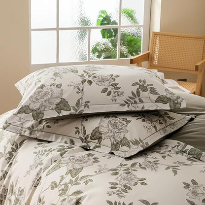 OAITE Duvet Cover Set Queen Size Floral Pattern 600 Thread Count Ultra Soft 100% Long Staple Cotton Duvet Cover Sets 3-PC, Breathable Duvet Cover with Zipper Closure & Corner Ties