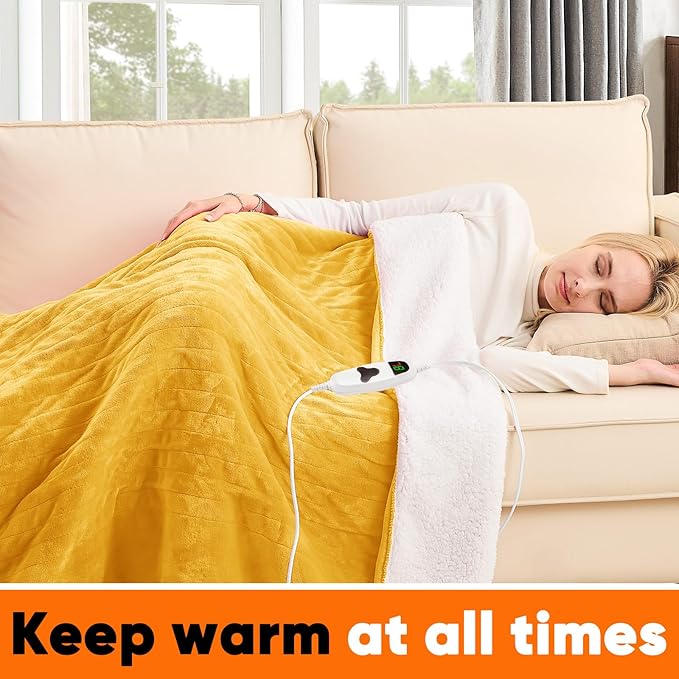 greenoak Heated Blanket Electric Full 72"X84", Heating Blankets with 10 Heat Levels /8 Hours Auto-Off, Soft Flannel Sherpa Fluffy House Warming Gifts for Grandma Seniors Mom,Ginger Yellow