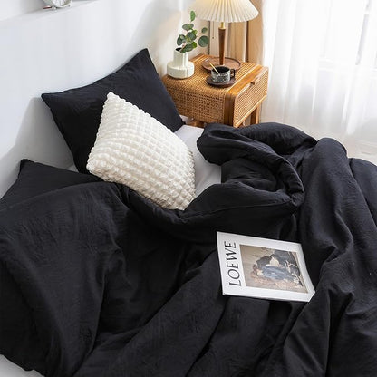 COTTEBED Solid Chic Black Comforters Sets Queen Size Bedding - 3 Pieces Lightweight Silky Soft Cozy Washed PolyCotton Microfiber - 1 Down Alternative Conforter with 2 Pillow Sham All Season,Queen/Full