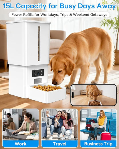 Automatic Dog Feeder Large Breed, 15L/63 Cups Auto Dog Food Dispenser | Anti-Clog Design for 2–23mm Large Kibble, 1080P HD Camera with Night Vision, 5G WiFi Smart App Control for Busy Pet Parents