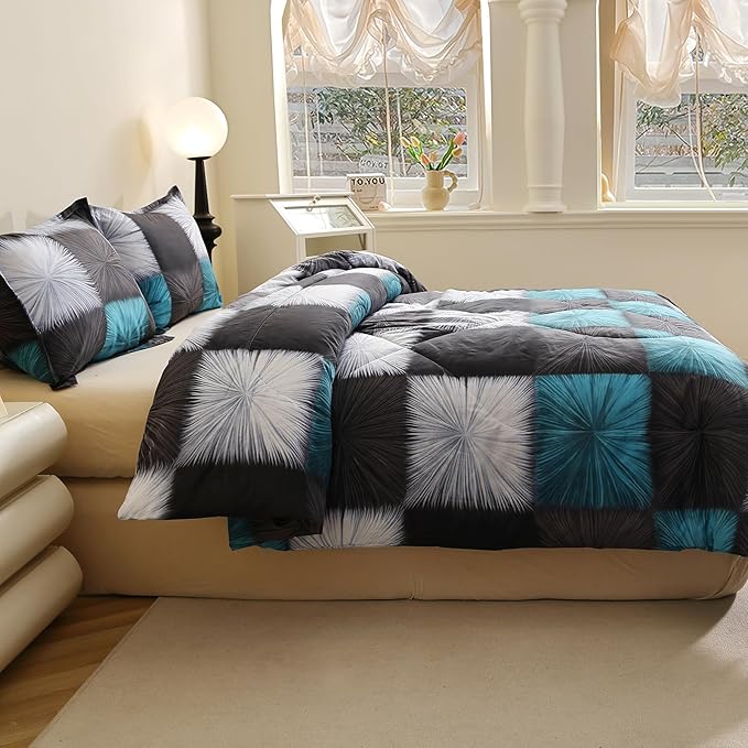 Caressma Twin Comforter Set White and Blue Plaid, Black and White Checkered Comforter Bedding Set, Fluffy Black Grid Home Decor for All Seasons