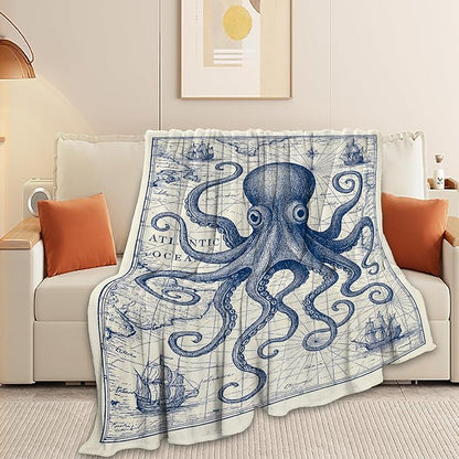 Nautical Octopus Blanket Super Soft Warm Fluffy Fleece Flannel Sea Animal Throw Blanket Cozy Fuzzy Plush Stuff Bedding Sealife Blankets Gifts for Women Kids Boys Girls Adults 60"X50"