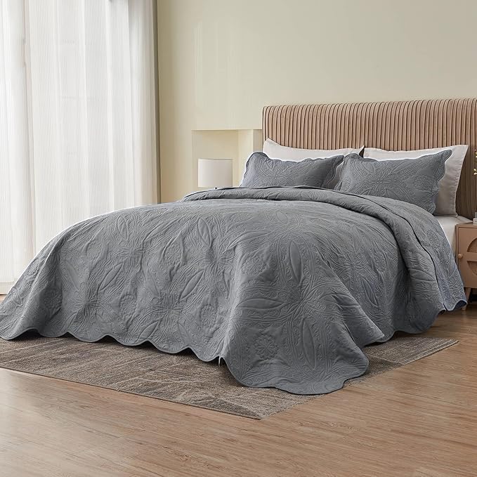 Oversized Cal King Bedspreads 120x120 for Extra Tall Split California King Bed Lightweight Quilted Coverlet Set 3 Pieces 1 Quilt 2 Pillow Shams Grey