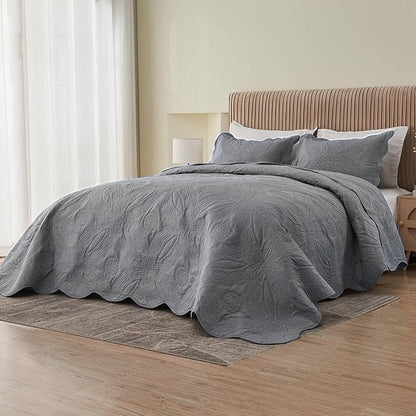 Kingnex Exta Wide Oversized King Bedspreads 128x120 for Tall King or Cal King Bed Ultrasonic Quilted Coverlet Set 3 Piece Include 1 Quilt 2 Pillowcases Grey