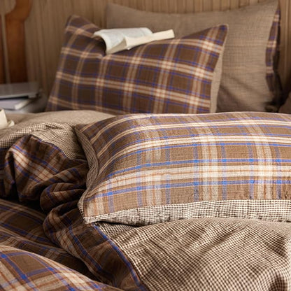 EAVD Vintage Style Brown&Blue Plaid Duvet Cover Full Soft 100% Muslin Cotton Brown Green Blue Grid Checkered Plaid Bedding Set with 2 Pillowcases Reversible Gingham Duvet Cover with Zipper
