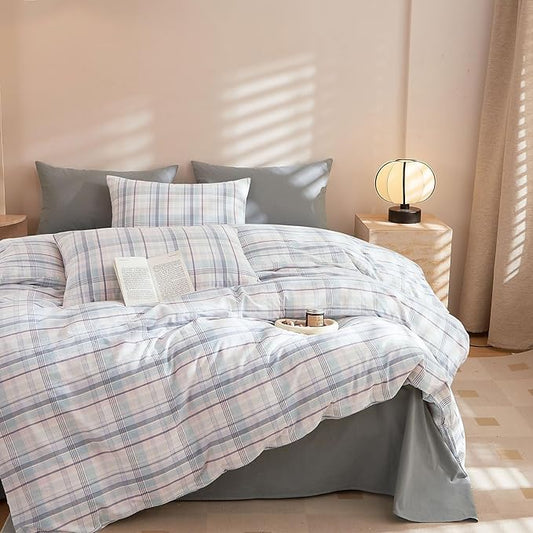 EAVD Colorful Gingham Duvet Cover King Soft Washed Cotton Chic Grid Plaid Duvet Cover with 2 Pillowcases Modern Grid Checkered Bedding Set for Boys Girls Women Men Farmhouse Gingham Bedding Set