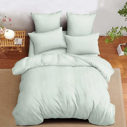 Nayoroom Green Striped Comforter Set Queen Size White Stripe Comforter 3 Pieces Girls Soft Lightweight Pinstripe Dorm Bedding Set for All Seasons