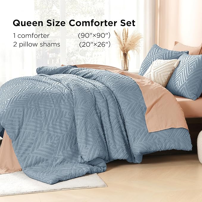 Litanika Grayish Blue Queen Comforter Set, 3 Pieces Tufted Boho Farmhouse Bedding Comforter Sets, Lightweight Fluffy Comforter Bed Set for All Season (90x90In Comforter and 2 Pillowcases)