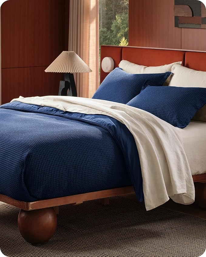 Bedsure Cotton Duvet Cover Set - 100% Cotton Waffle Weave Navy Duvet Cover Oversized King Size, GentleSoft™ and Breathable Bedding Set for All Season, 3 Pieces, 120"x98"