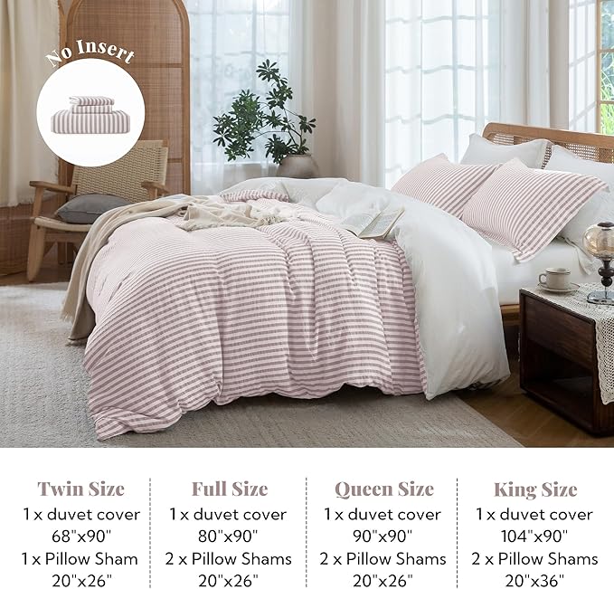 MILDLY Jacquard Stripe Duvet Cover - 100% Washed Cotton Pale Mauve Boho Textured Comforter Cover 3pcs with Zipper Closure 80"x90"