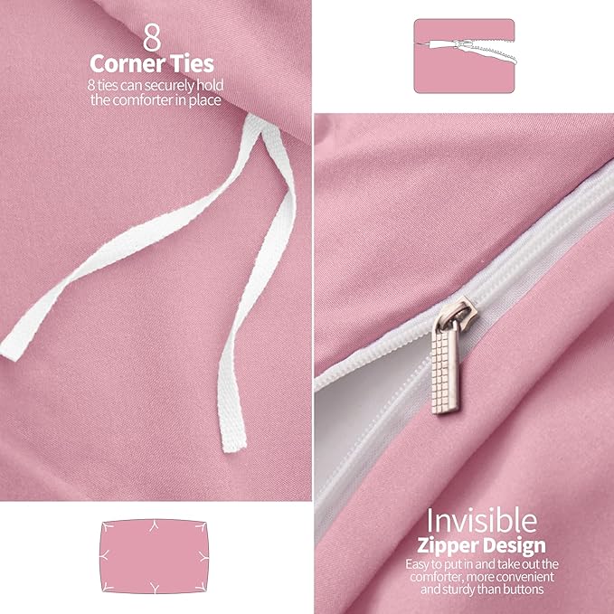 VACVELT 5 Piece Pinch Pleated Duvet Cover Full/Queen Size Set, Pink Pintuck Duvet Cover with Zipper & 8 Ties, Shabby Chic Microfiber Duvet Cover + 2 Pillow Shams + 2 Pillowcases, No Comforter